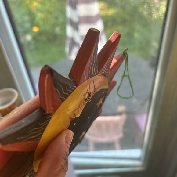 Vtg Wooden Hand Painted Sun Moon Face Hanging Ornament Christmas Indonesia 7” - Picture 11 of 16